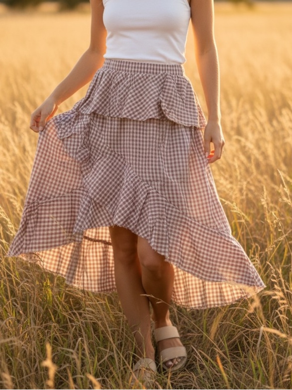 Moon River Gingham High-Low Ruffle Skirt